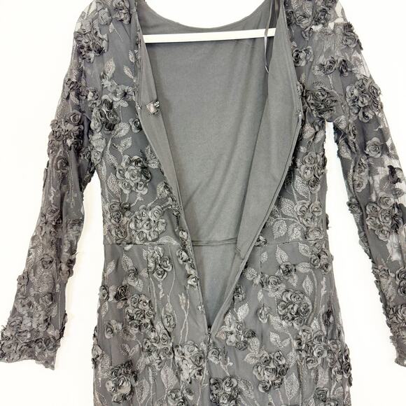 Aqua Long Sleeve Embroidered 3D Floral Applique Dress Black Sheath Women's 12 - Picture 9 of 14